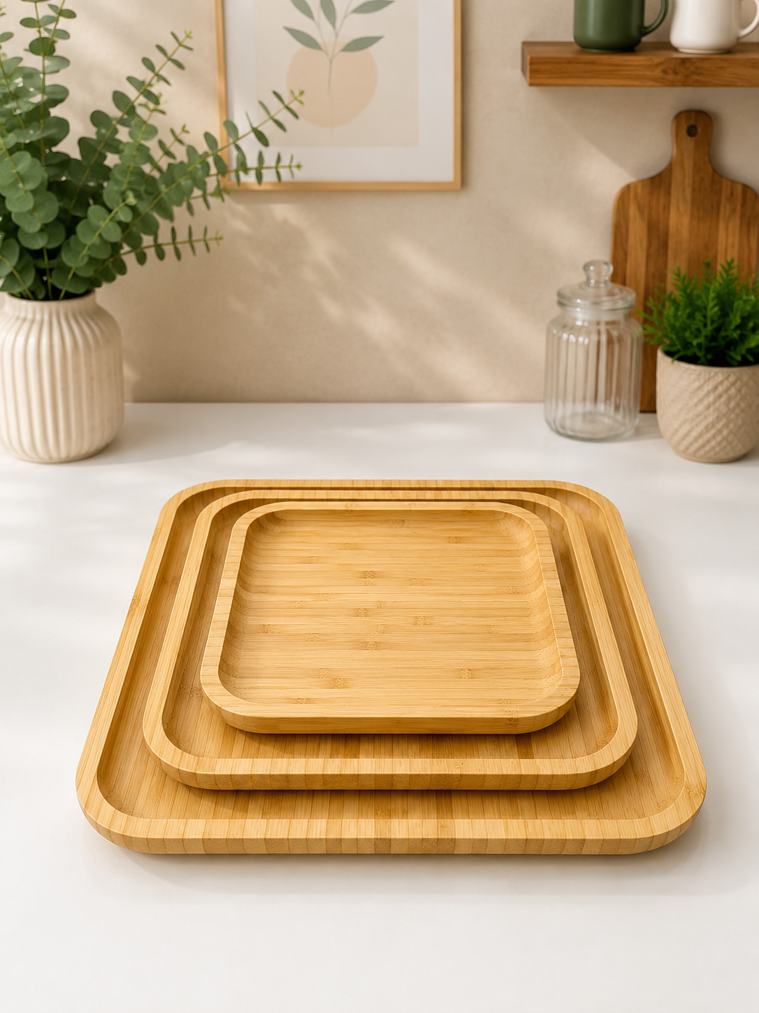 Momaz Bamboo Serving Tray Set – 3 PCS