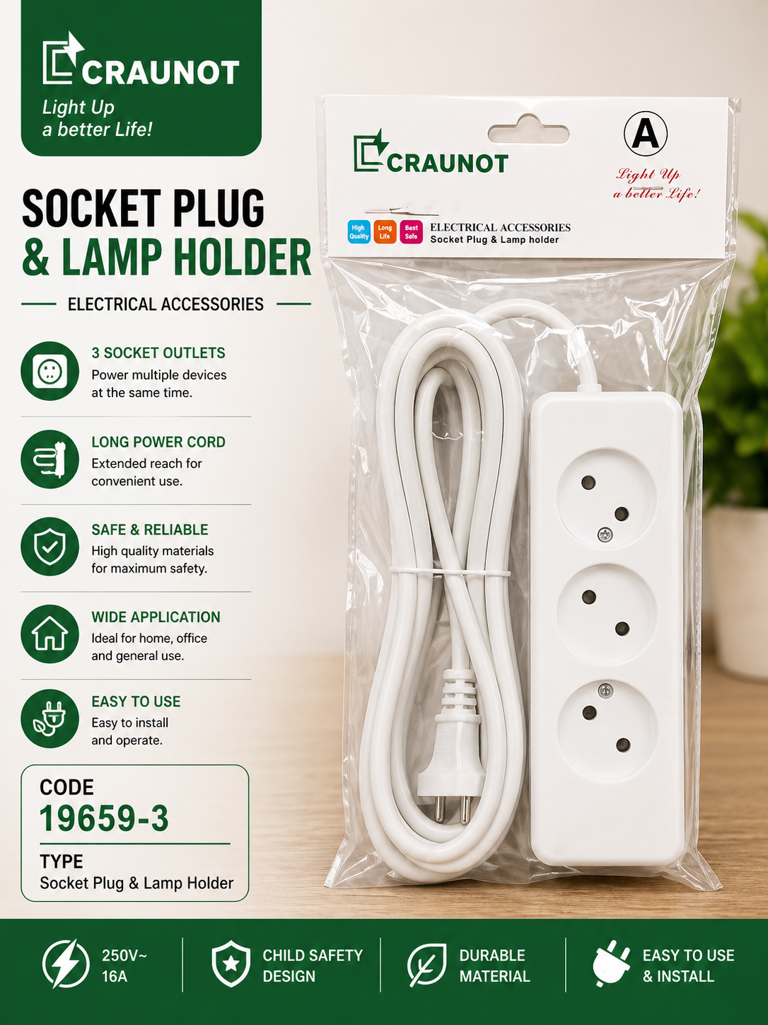 Craunot Socket Plug – 3 Outlets Power Strip (Code 19659-3)