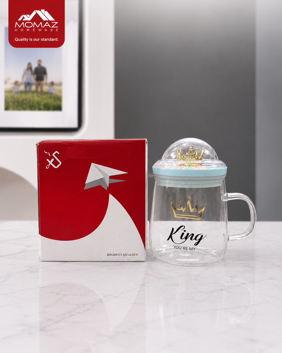 Momaz Glass Mug with Decorative Crown Lid