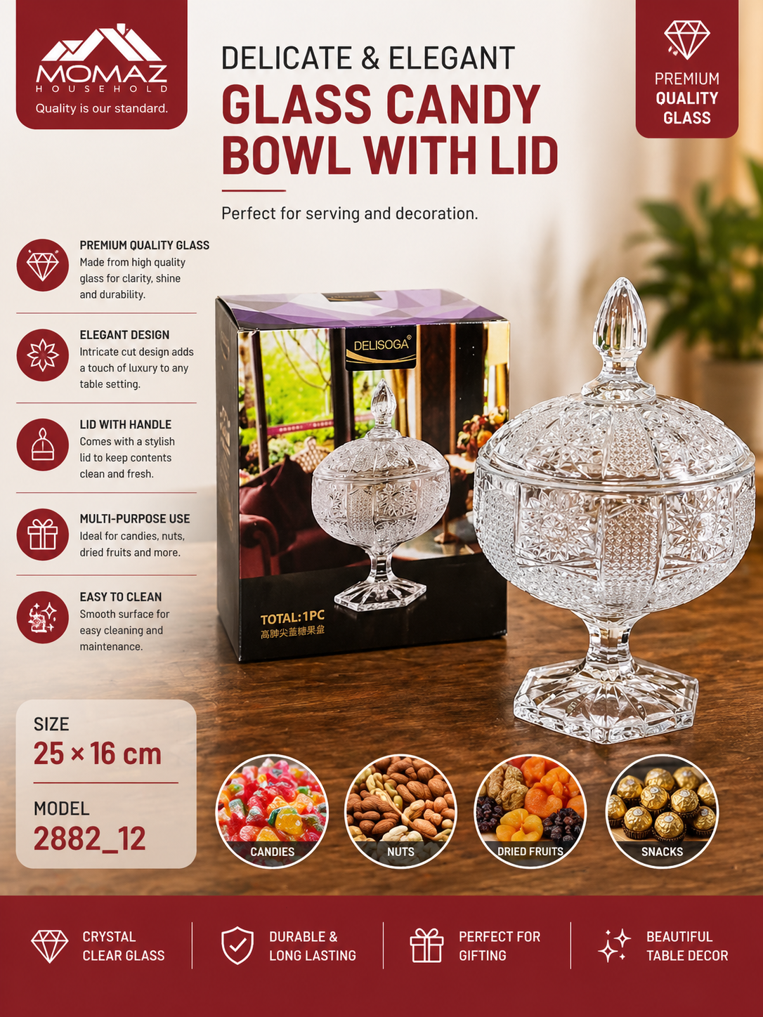 Momaz Glass Candy Bowl with Lid – Elegant Serving Bowl (Model 2882_12)