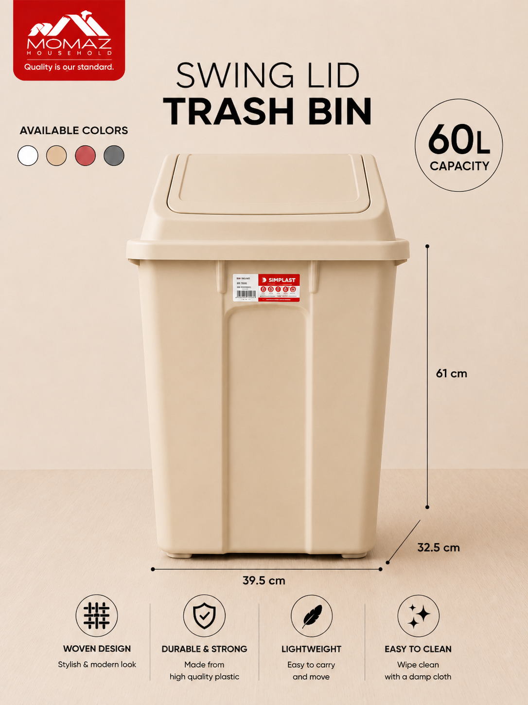 Momaz Swing Lid Trash Bin 60L