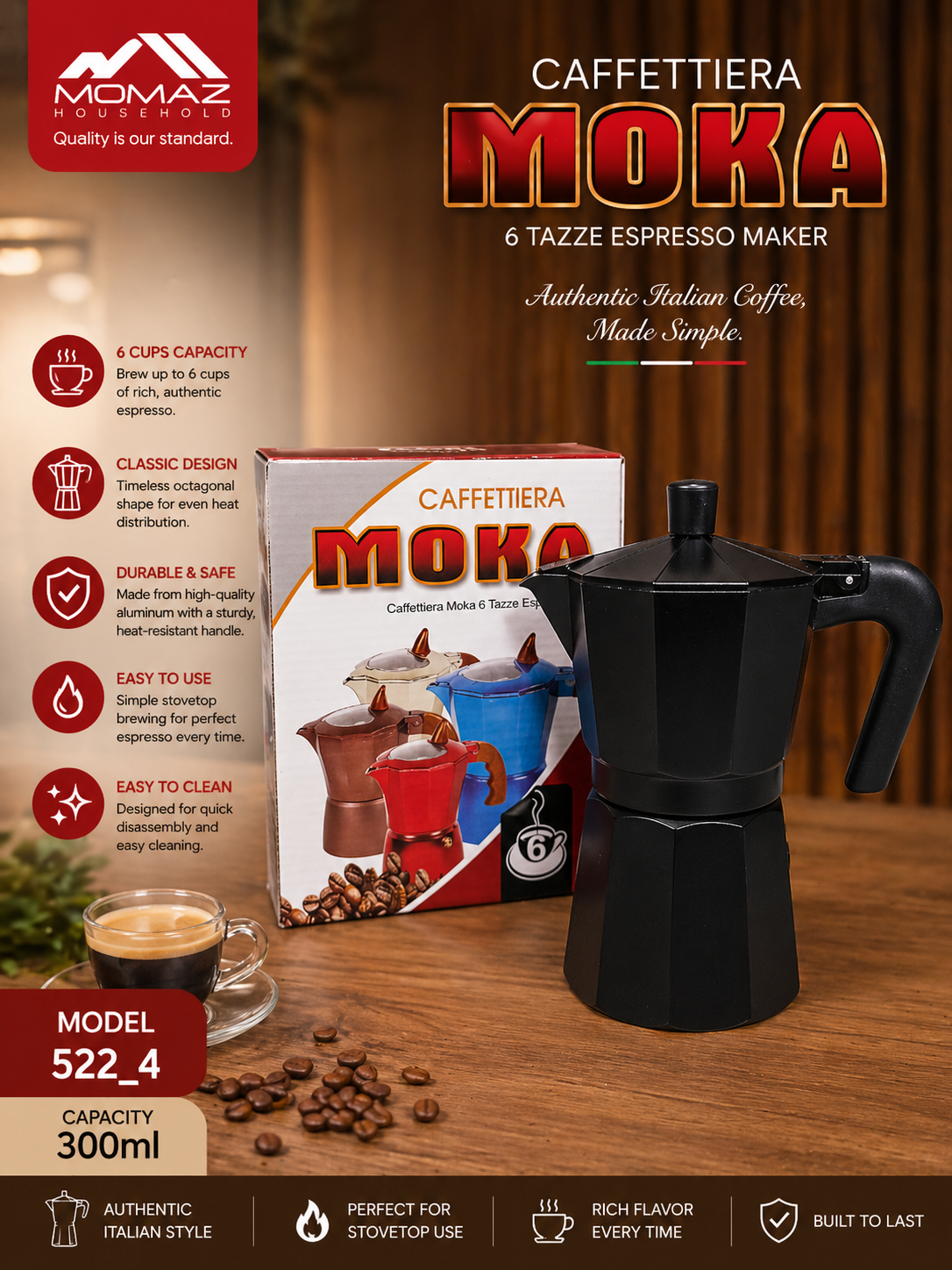 Momaz Moka Pot Espresso Maker – 6 Cups (300ml) – Model 522_4