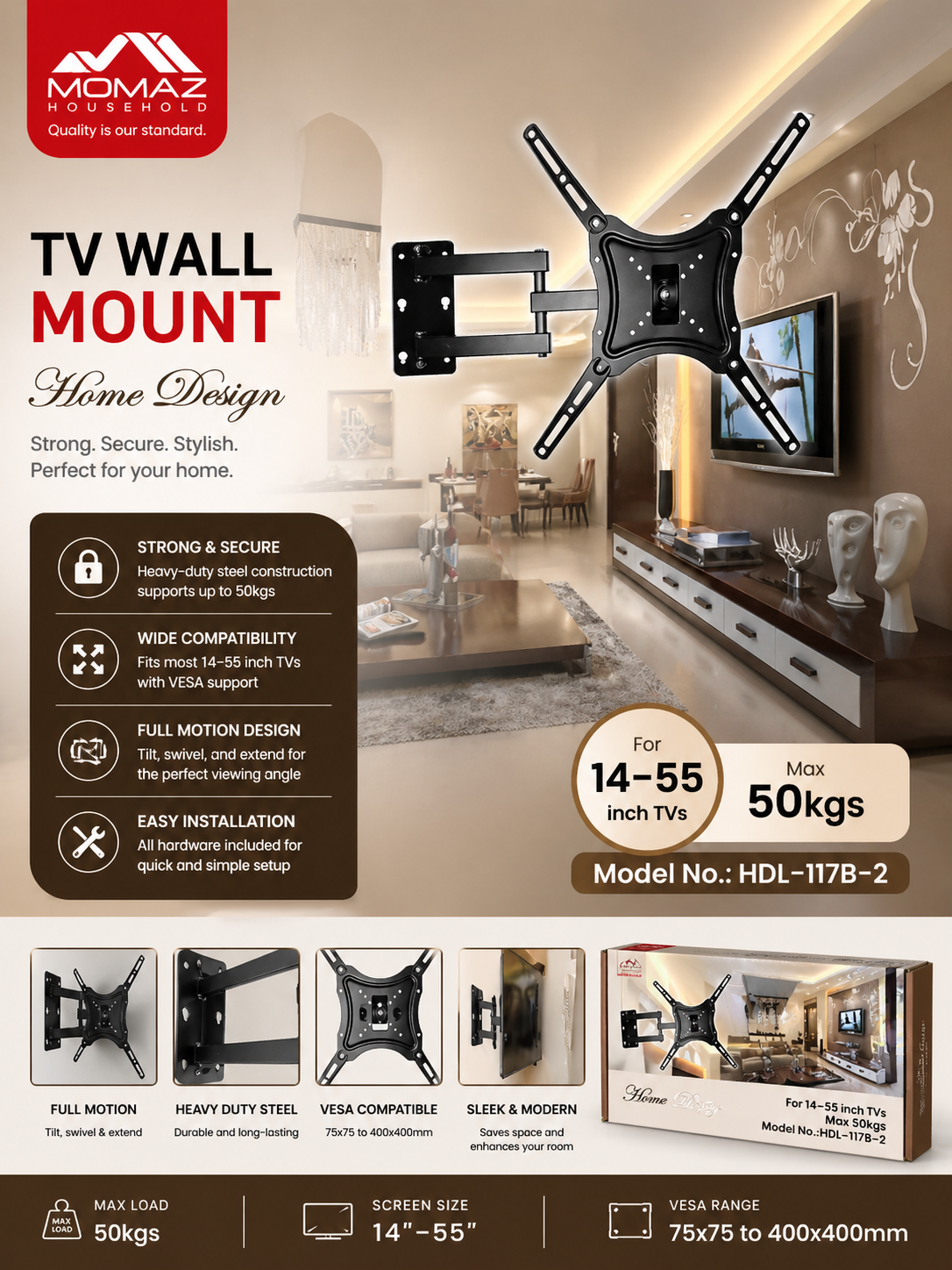 Momaz TV Wall Mount – Model HDL-117B-2