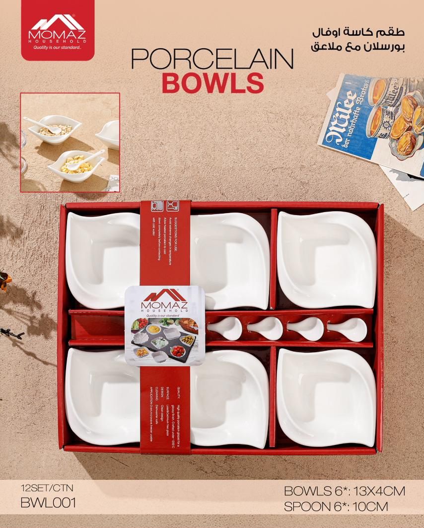 Momaz Porcelain Oval Bowls Set with Spoons – 12 Pieces (BWL001)