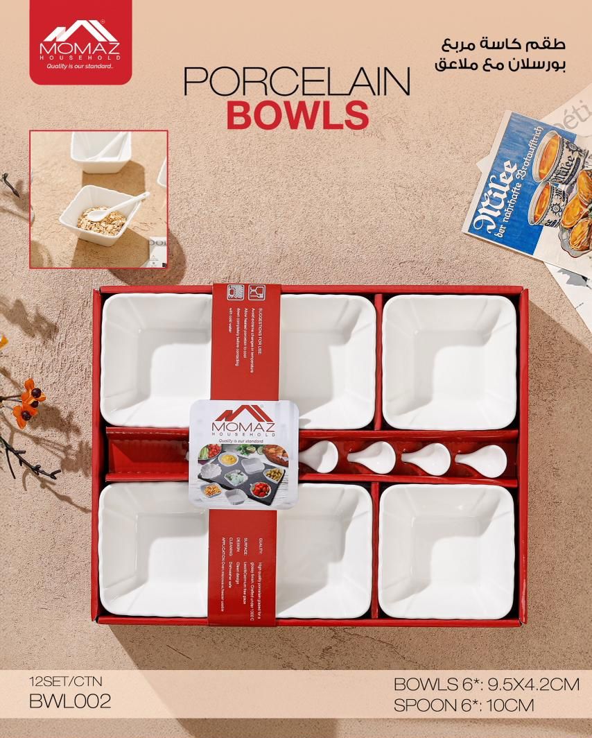 Momaz Porcelain Square Bowls Set with Spoons – 12 Pieces (BWL002)