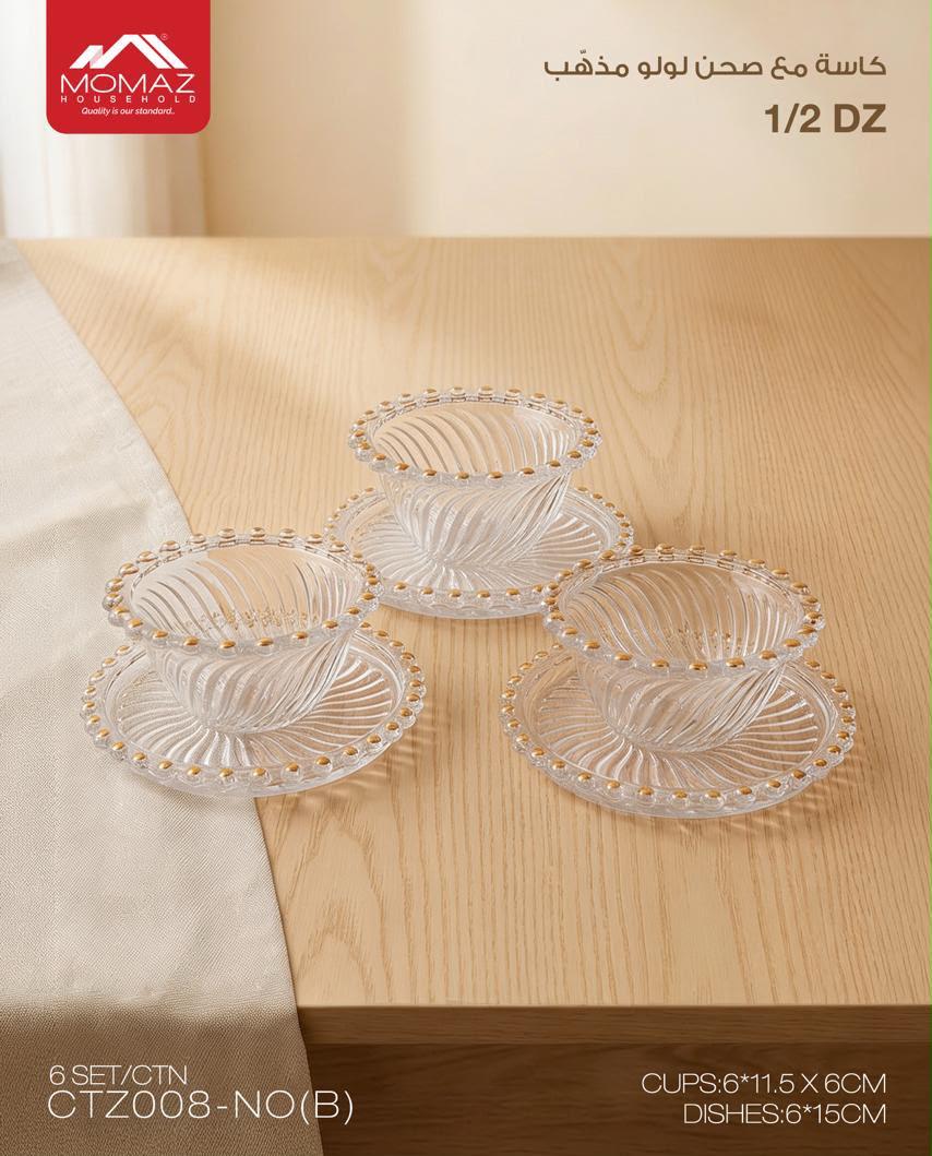 Momaz High Quality Glass Bowls & Saucers Set – 12 Pieces with Gold Rim