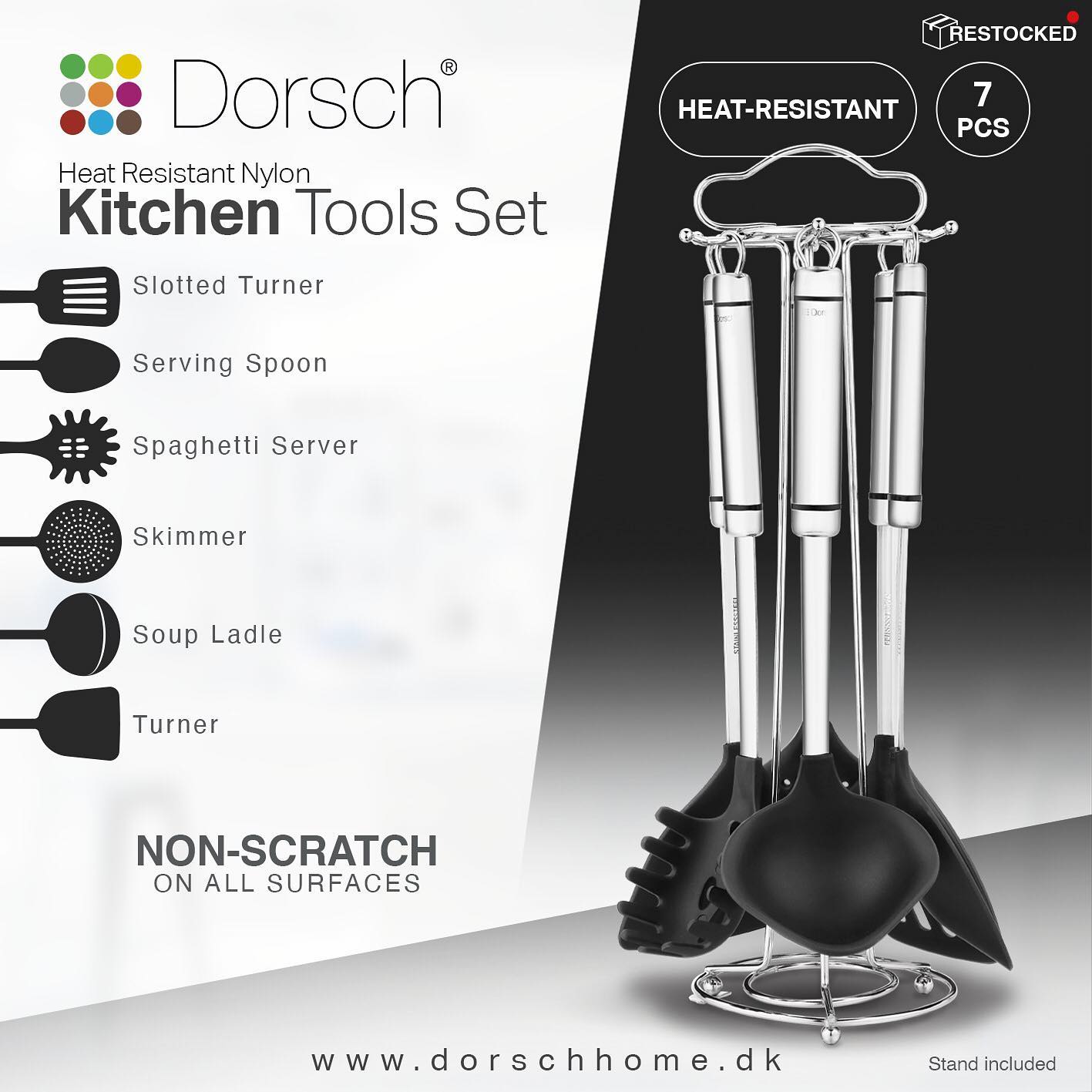 Dorsch Heat-Resistant Silicone Kitchen Tools Set 7 Pieces + Stand