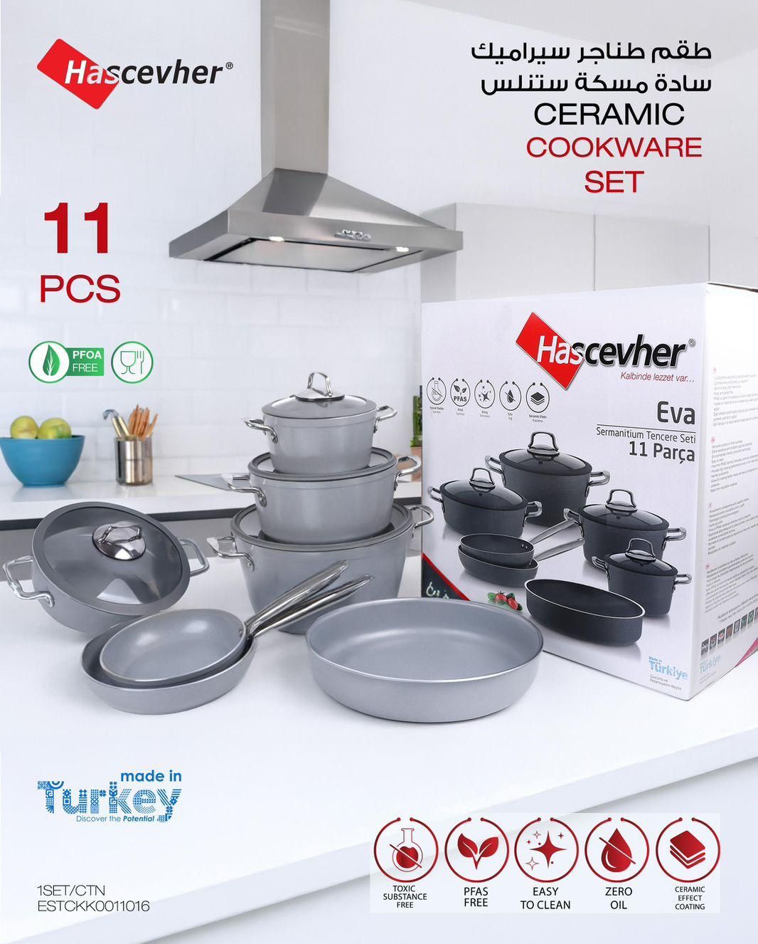 Momaz Hascevher Ceramic Cookware Set – 11 Pieces (Eva Series – Grey Edition)