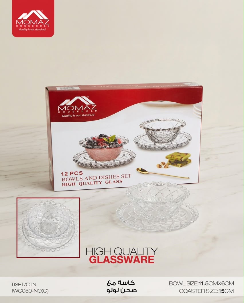 Momaz – Glass Bowl &Saucer Set – 12 PCS