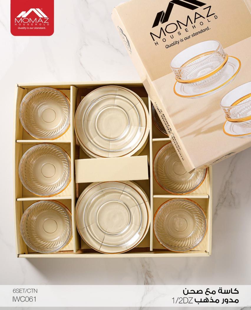 MOMAZ Glass Cup & Saucer Set (Gold Rim – 12 Pieces) – IWC061