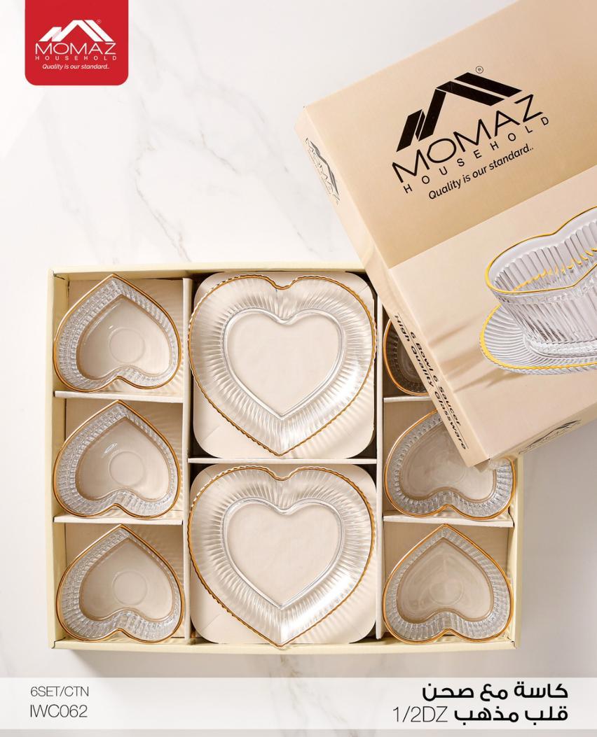 MOMAZ Heart-Shaped Glass Cup & Saucer Set (Gold Rim – 12 Pieces) – IWC062