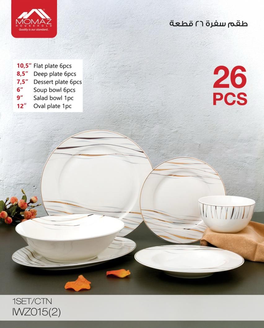 Momaz 26PCS Porcelain Dinner Set – Modern Gold Wave Design