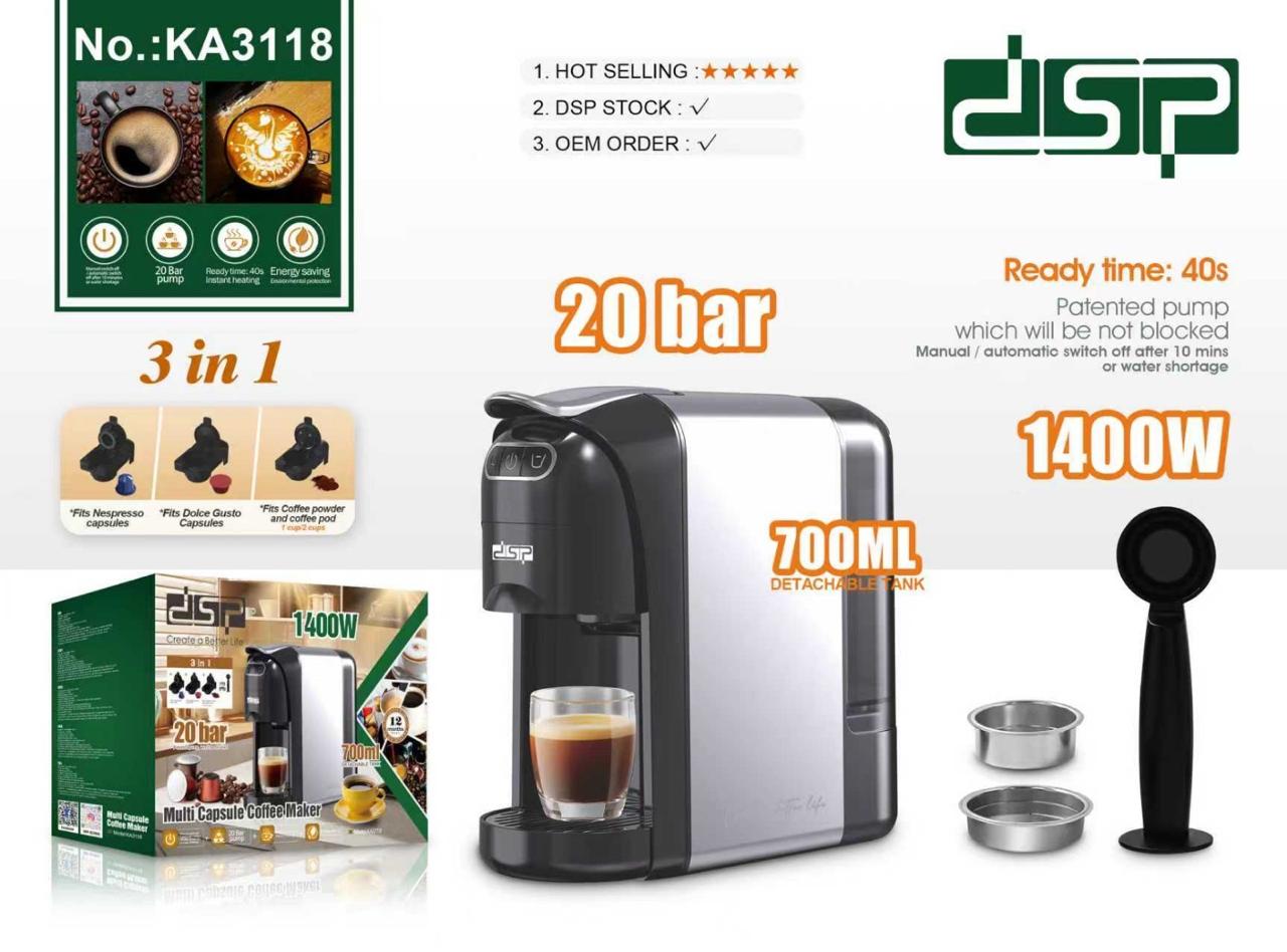 DSP 3-in-1 Multi Capsule Coffee Machine – 1400W – 20 Bar | Model KA3118