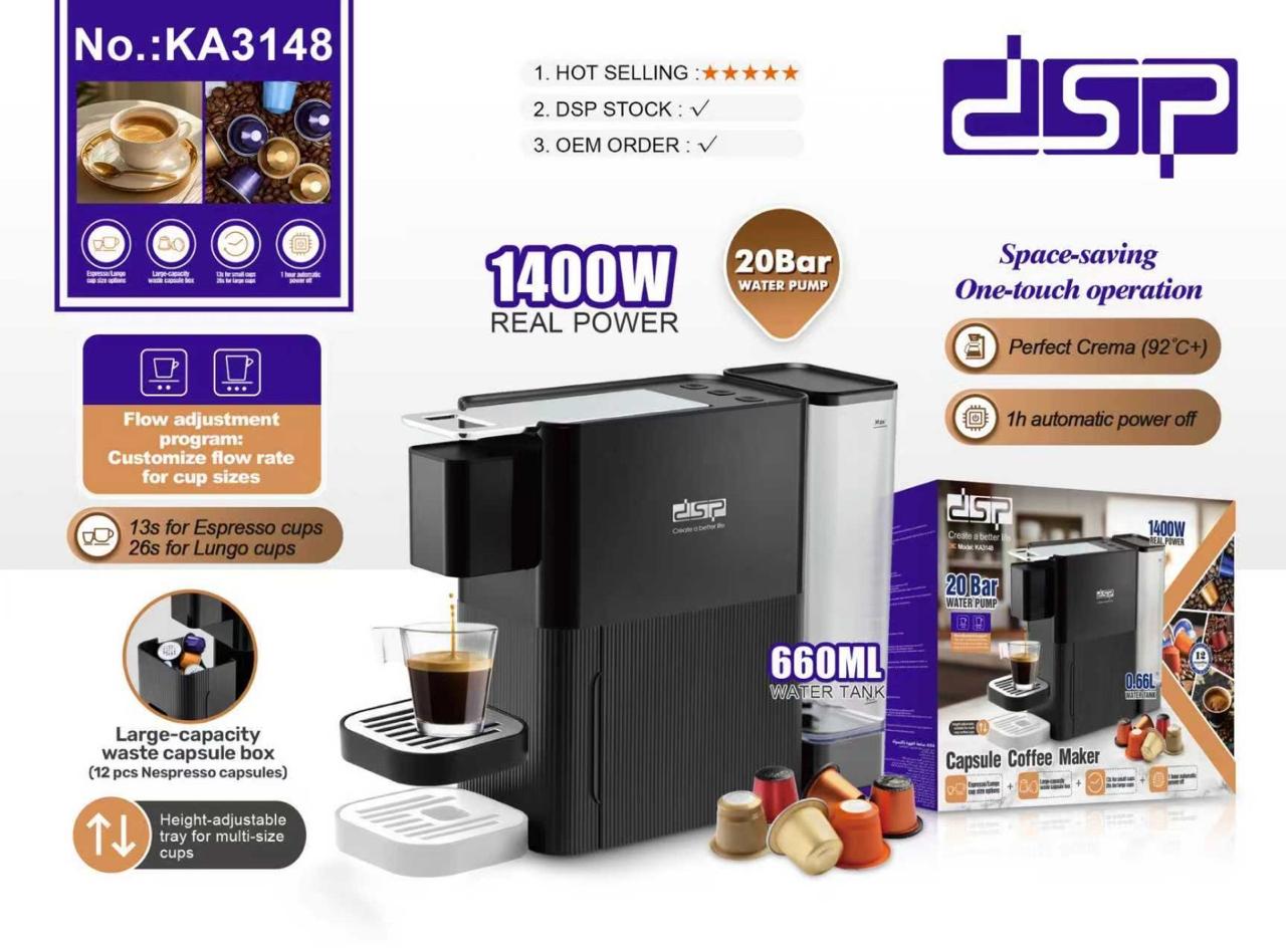 DSP Capsule Coffee Maker – KA3148 | 1400W | 20 Bar | 660ML