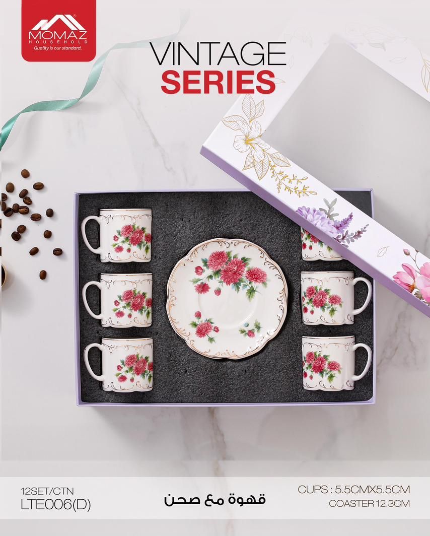 Momaz Coffee Cups Set with Saucer – Vintage Floral Series (6 Pieces) (LTE006(D)