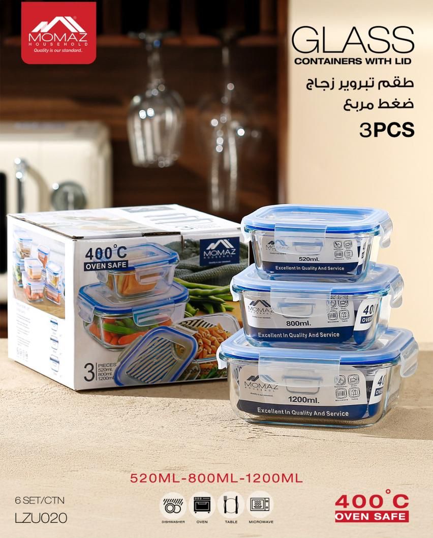 Momaz Glass Food Containers Set – 3PCS with Lid (LZU020)