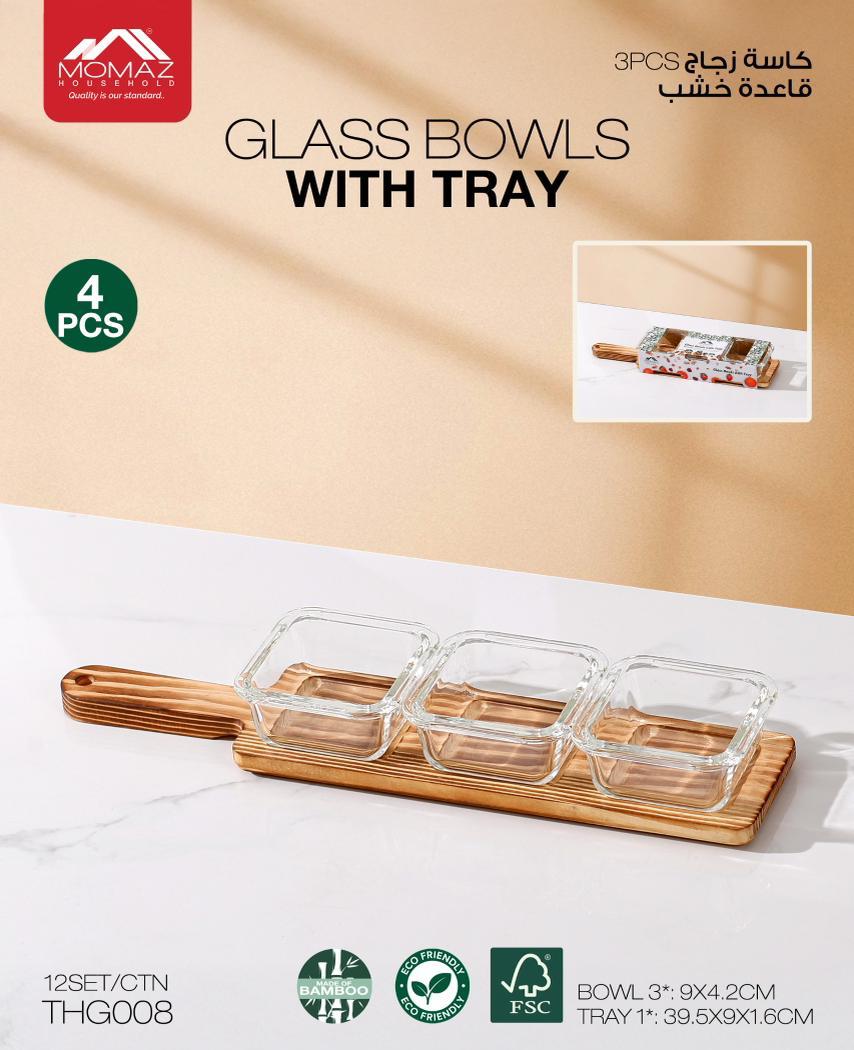 Momaz Glass Bowls with Bamboo Tray – 4 Pieces Set