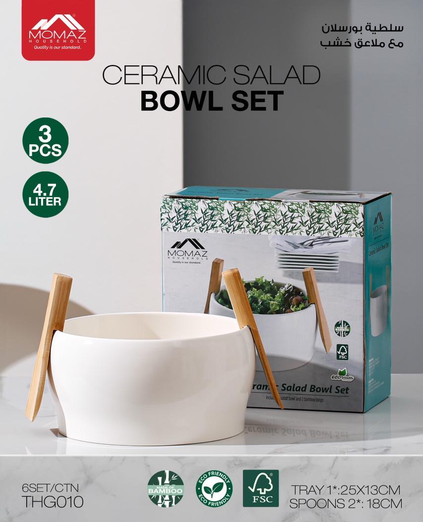 Momaz Ceramic Salad Bowl Set with Bamboo Servers