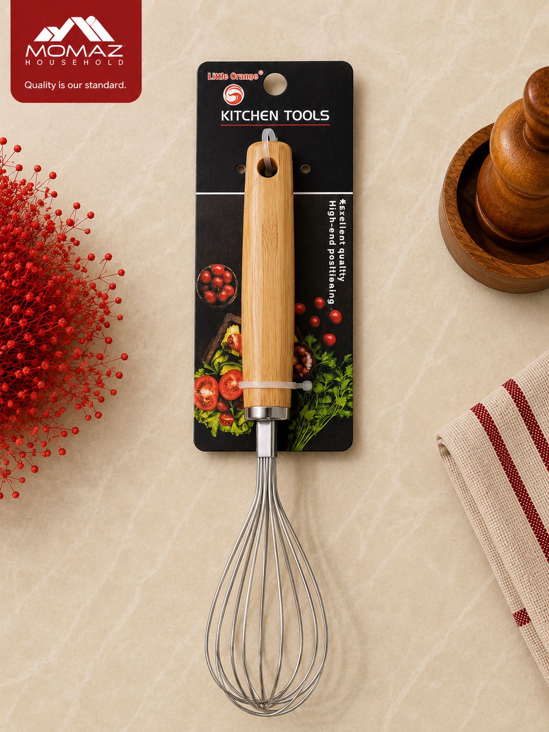 Momaz Stainless Steel Kitchen Whisk with Wooden Handle