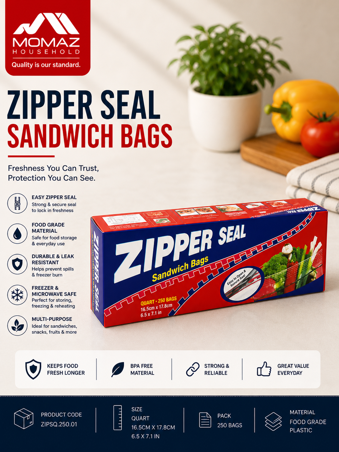 MOMAZ Zipper Seal Sandwich Bags – 3 Sizes Available