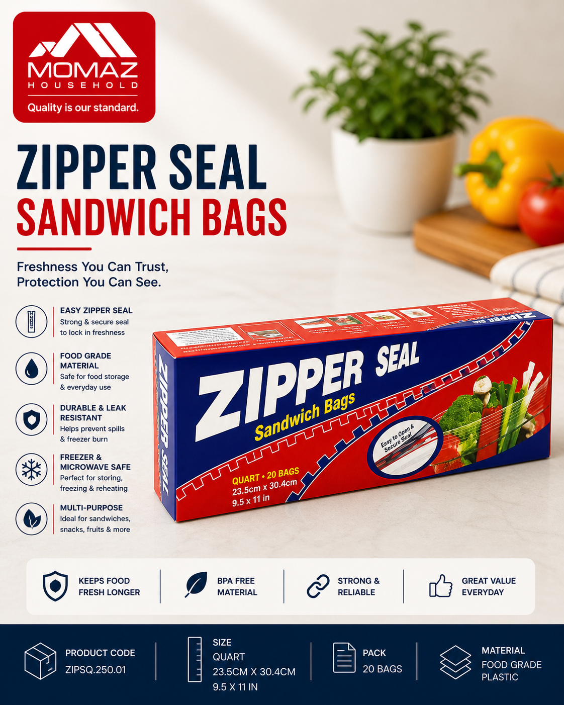 MOMAZ Zipper Seal Sandwich Bags – 3 Sizes Available