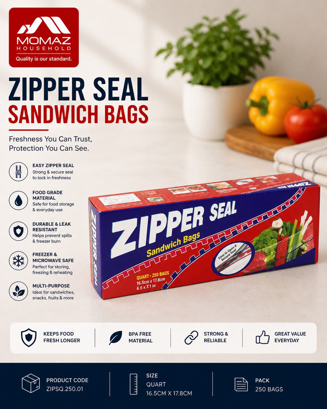 MOMAZ Zipper Seal Sandwich Bags – 3 Sizes Available
