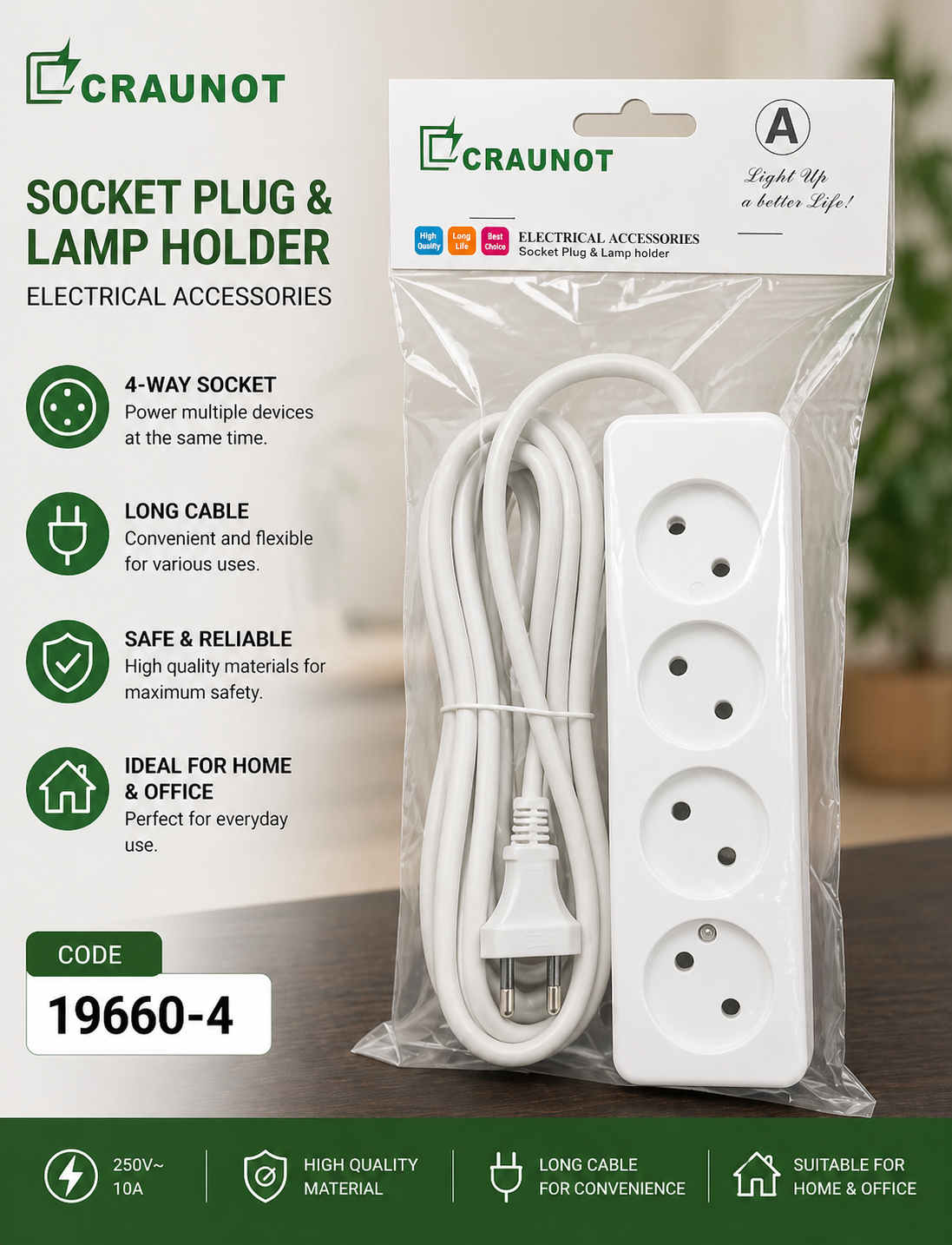 Craunot Socket Plug  – 4 Outlets Power Strip (Code 19660-4)