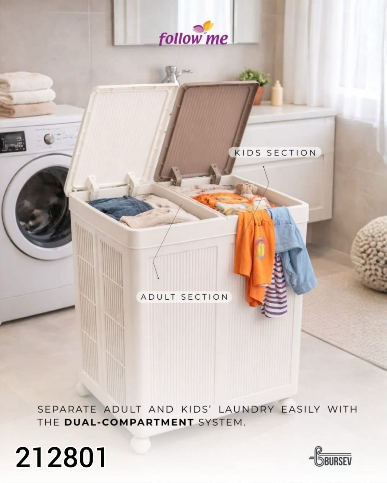 Follow Me Dual-Compartment Laundry Hamper with Wheels