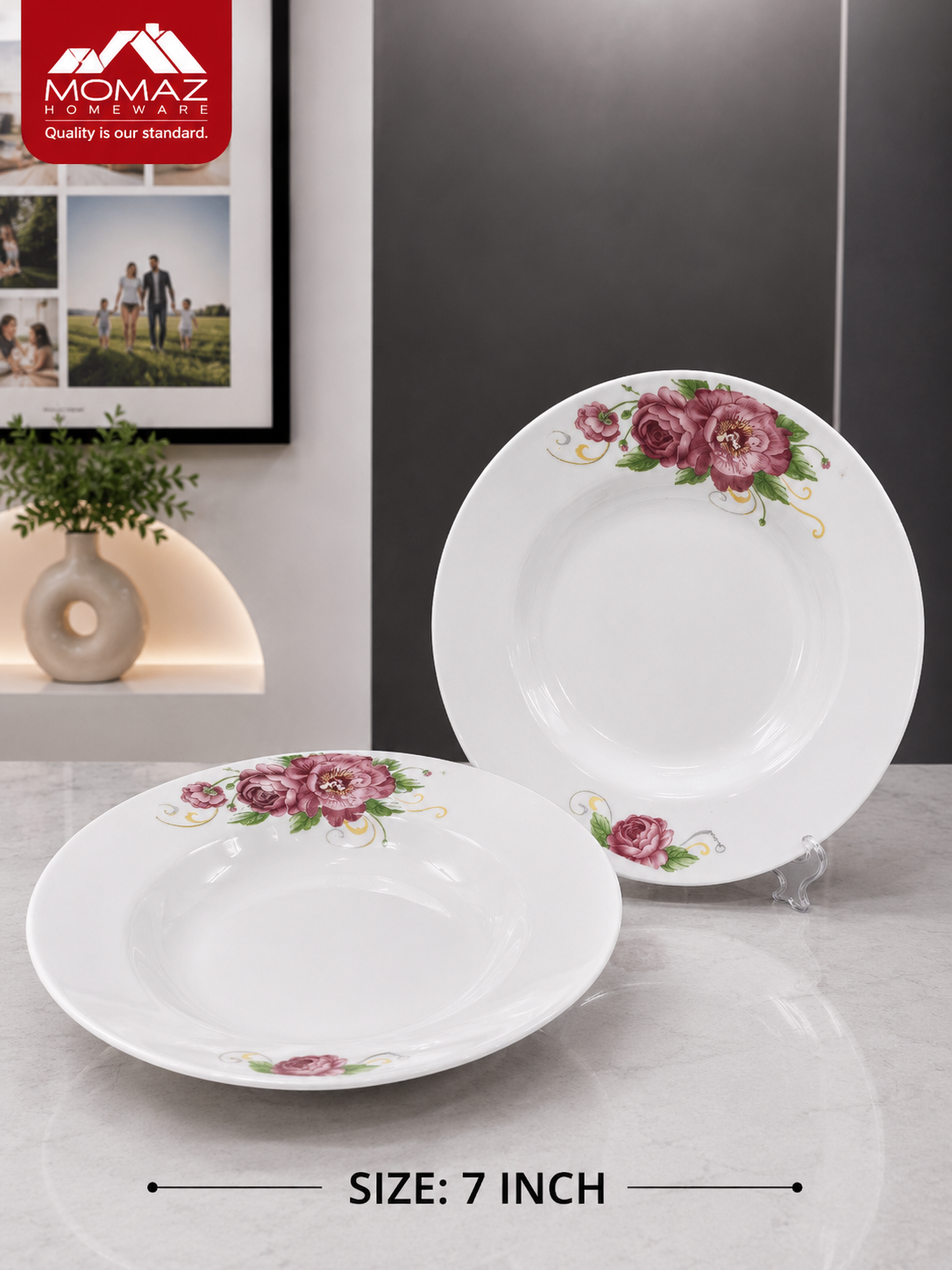 Momaz Porcelain Deep Plate – Floral Rose Design – 7 Inch