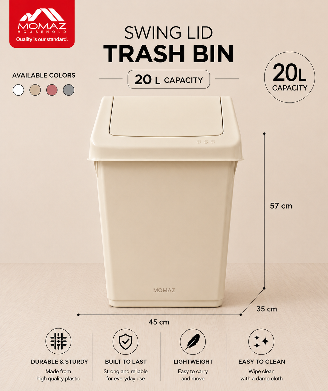 Momaz Swing Lid Trash Bin 20L