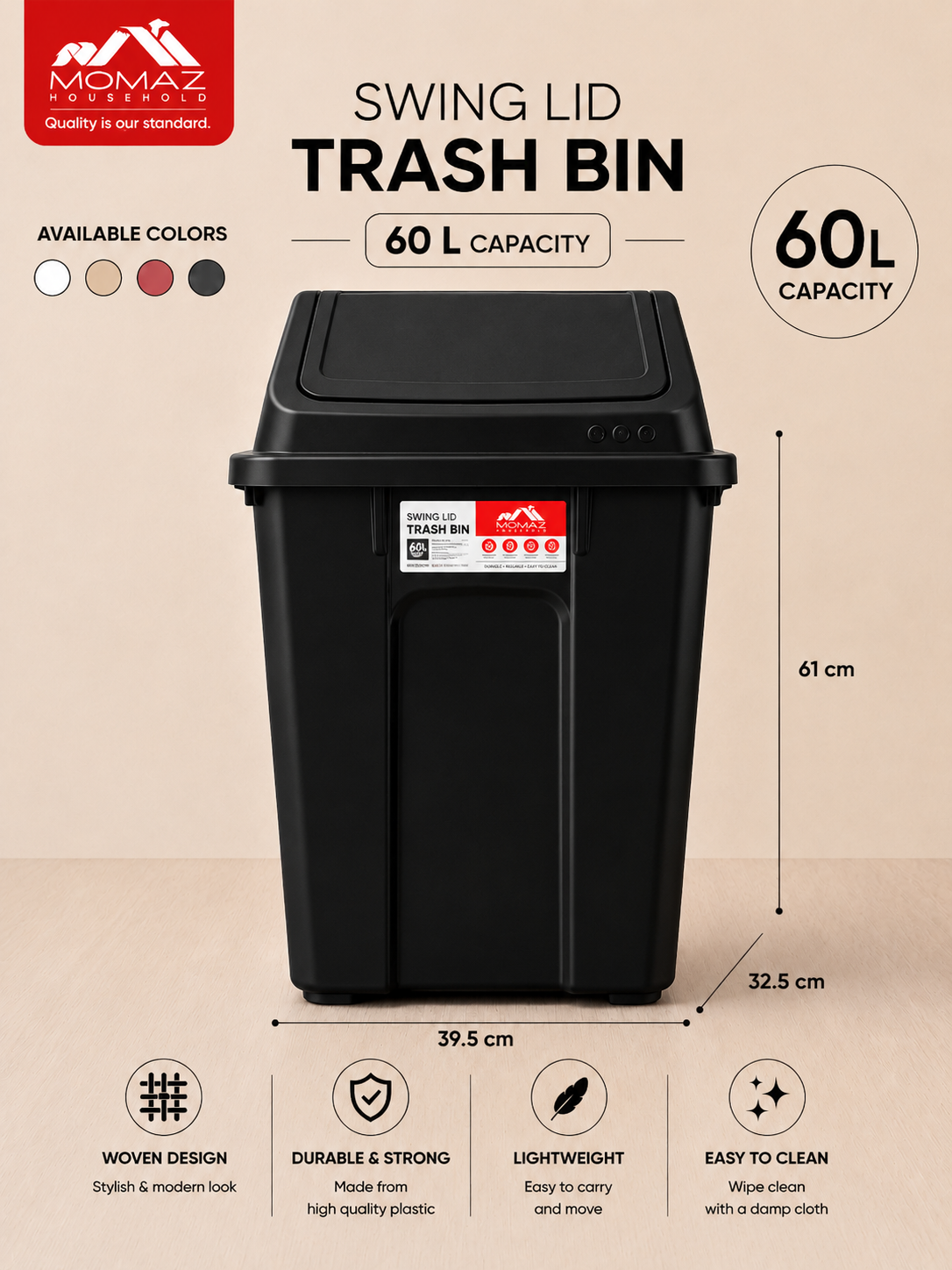 Momaz Swing Lid Trash Bin 60L