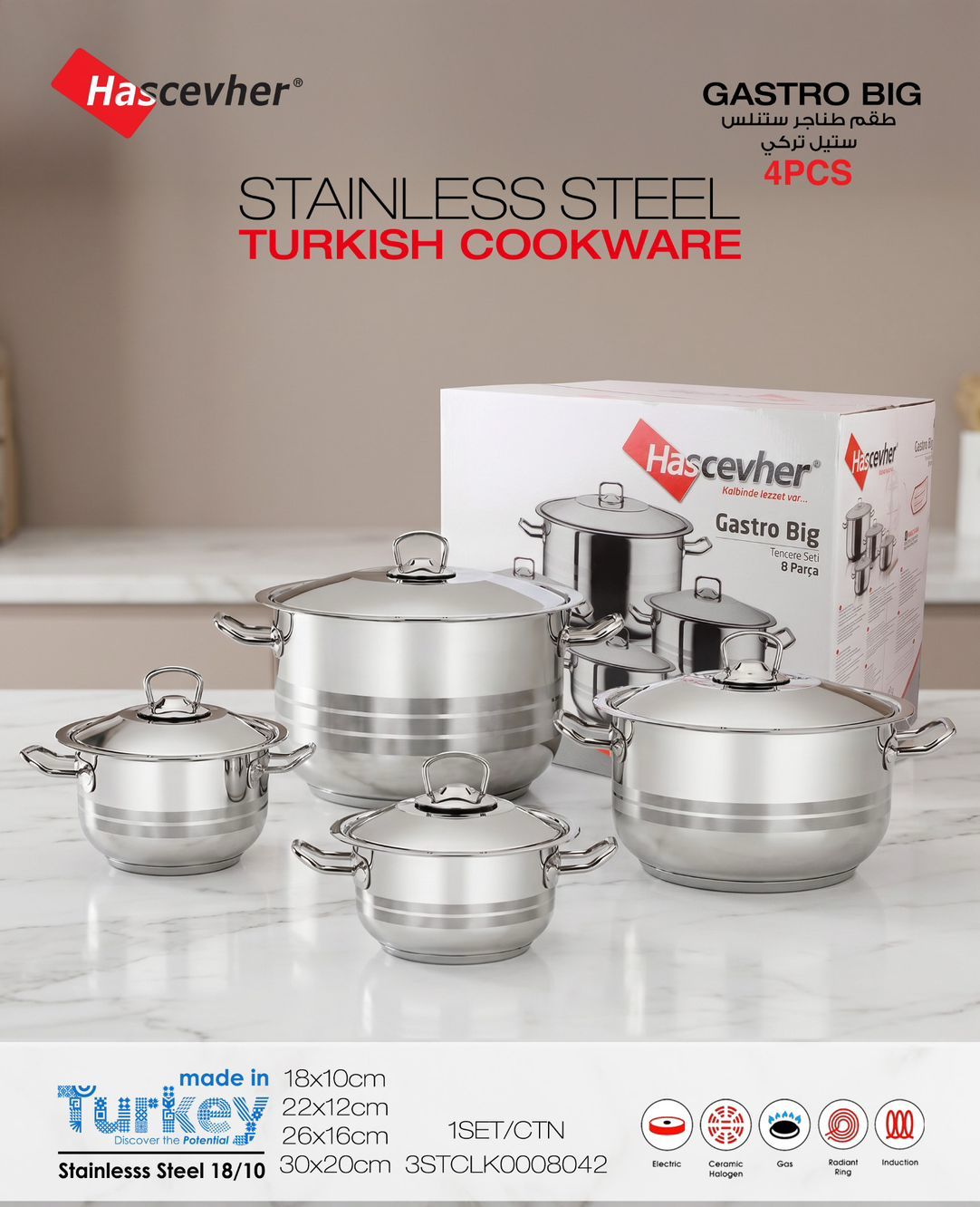 Hascevher Gastro Stainless Steel Cookware Set – 4 Pieces