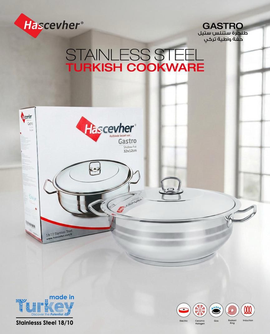 Hascevher Gastro Stainless Steel Shallow Pot with Lid
