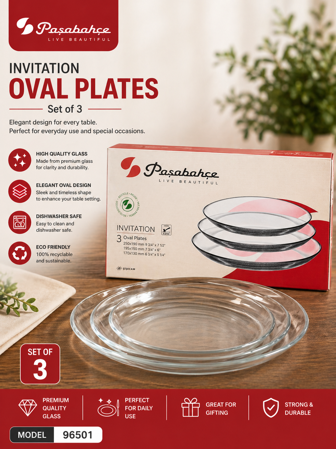Pasabahce Invitation Oval Plates – Set of 3 (Model 96501)