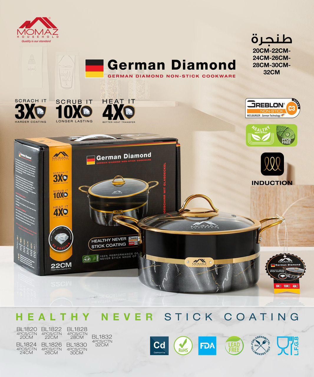Momaz German Diamond Cooking Pot Collection – 20CM to 32CM