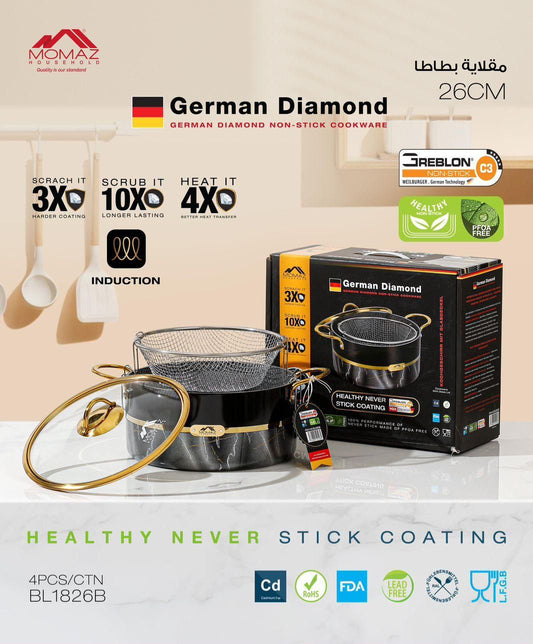 Momaz German Diamond Deep Fryer Pot 26CM – Premium Non-Stick with Frying Basket