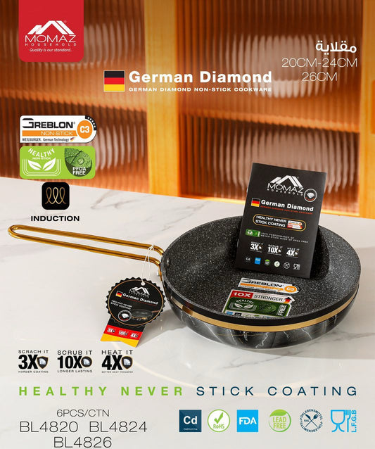 Momaz German Diamond Frying Pan – Non-Stick Induction Skillet (20CM / 24CM / 26CM)