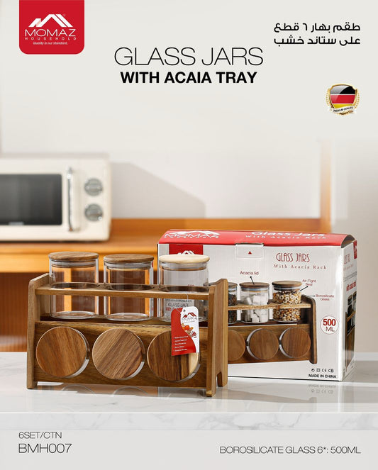 Momaz Glass Jars with Acacia Tray – 6 Pieces – BMH007