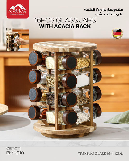 Momaz 16PCS Glass Jars with Acacia Rack – BMH010
