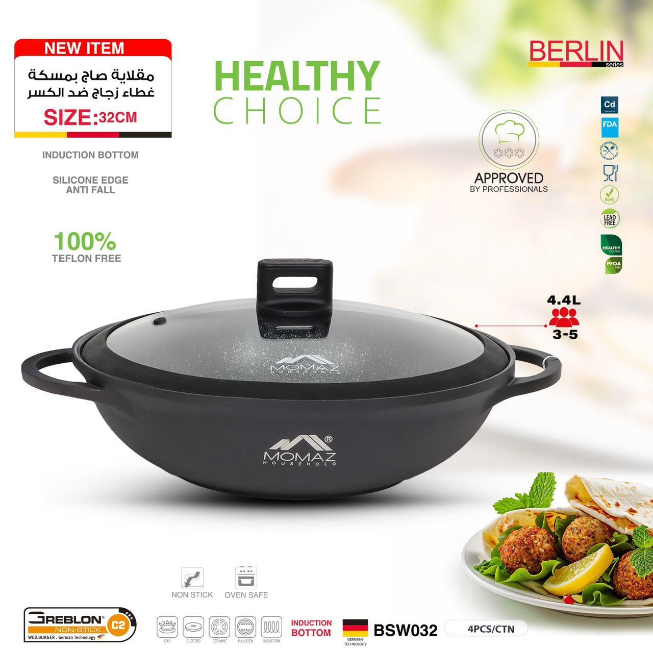 Momaz Berlin Pro Wok with Glass Lid – 32 cm