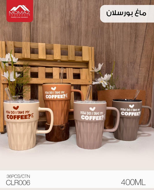 Momaz Porcelain Mug – 400ML with Lid & Straw (CLR006 Collection)