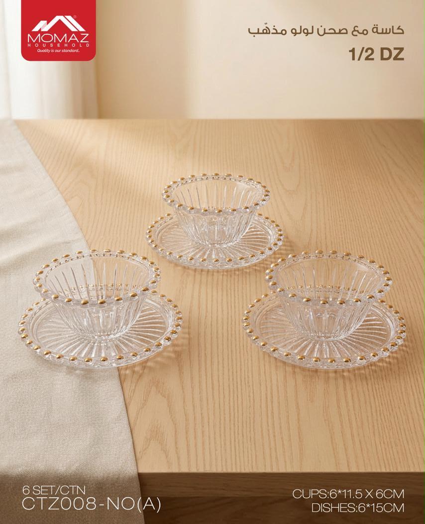 Momaz High Quality Glass Bowls & Saucers Set – 12 Pieces with Gold Rim