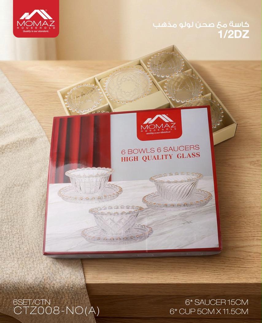 Momaz High Quality Glass Bowls & Saucers Set – 12 Pieces with Gold Rim