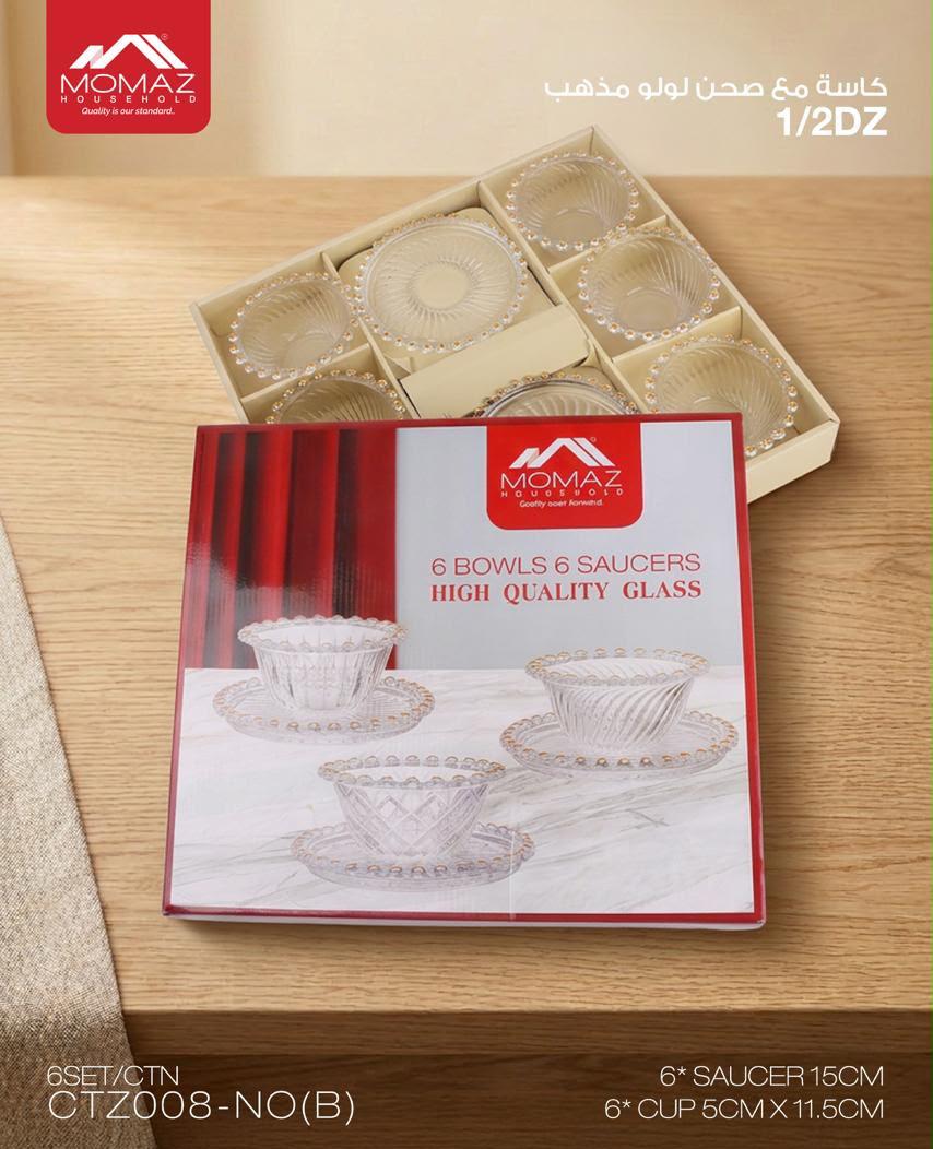 Momaz High Quality Glass Bowls & Saucers Set – 12 Pieces with Gold Rim