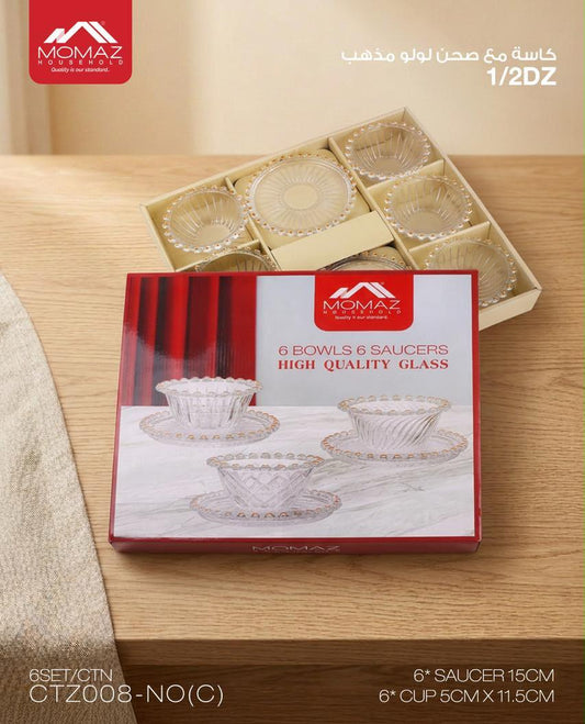 Momaz High Quality Glass Bowls & Saucers Set – 12 Pieces with Gold Rim