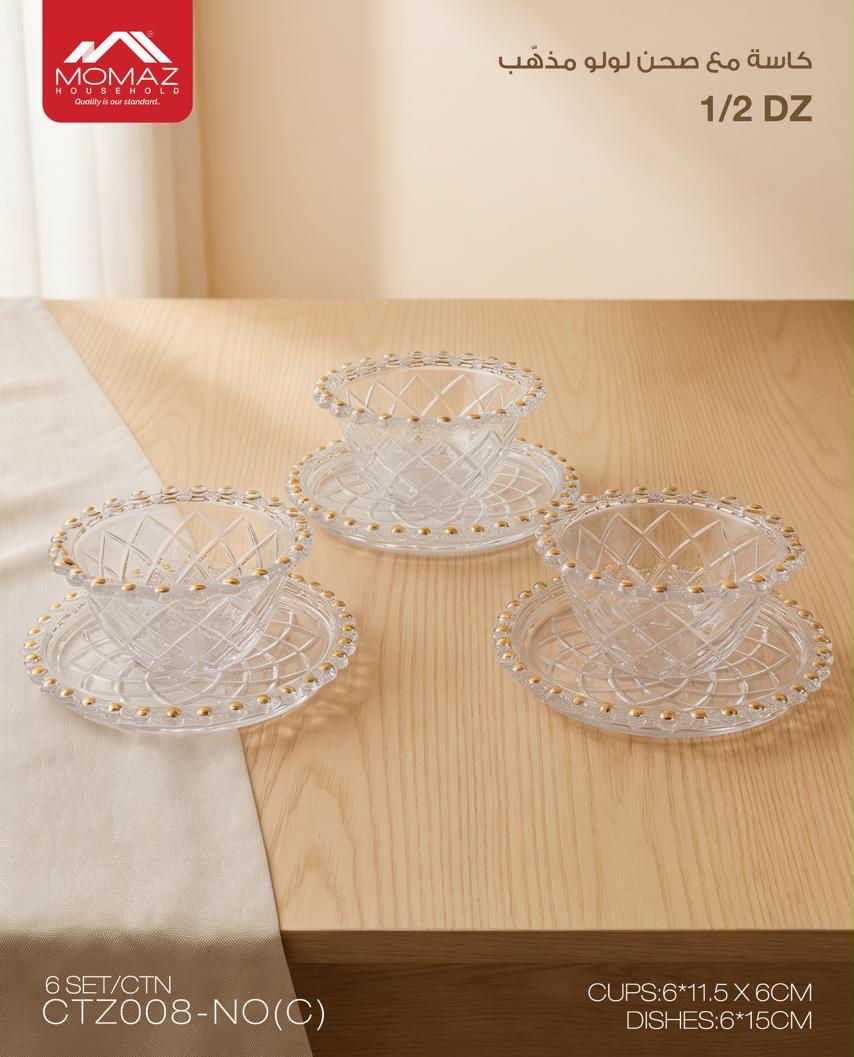 Momaz High Quality Glass Bowls & Saucers Set – 12 Pieces with Gold Rim