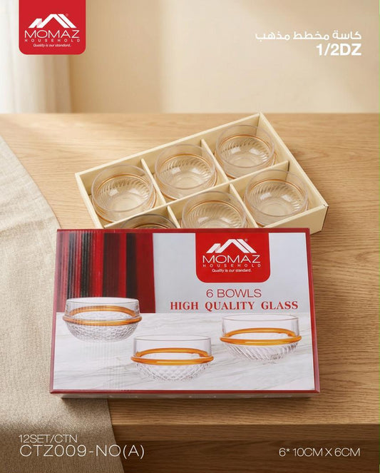 Momaz High Quality Glass Bowls Set – 6 Pieces with Gold Rim