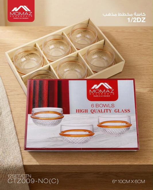Momaz High Quality Glass Bowls Set – 6 Pieces with Gold Rim