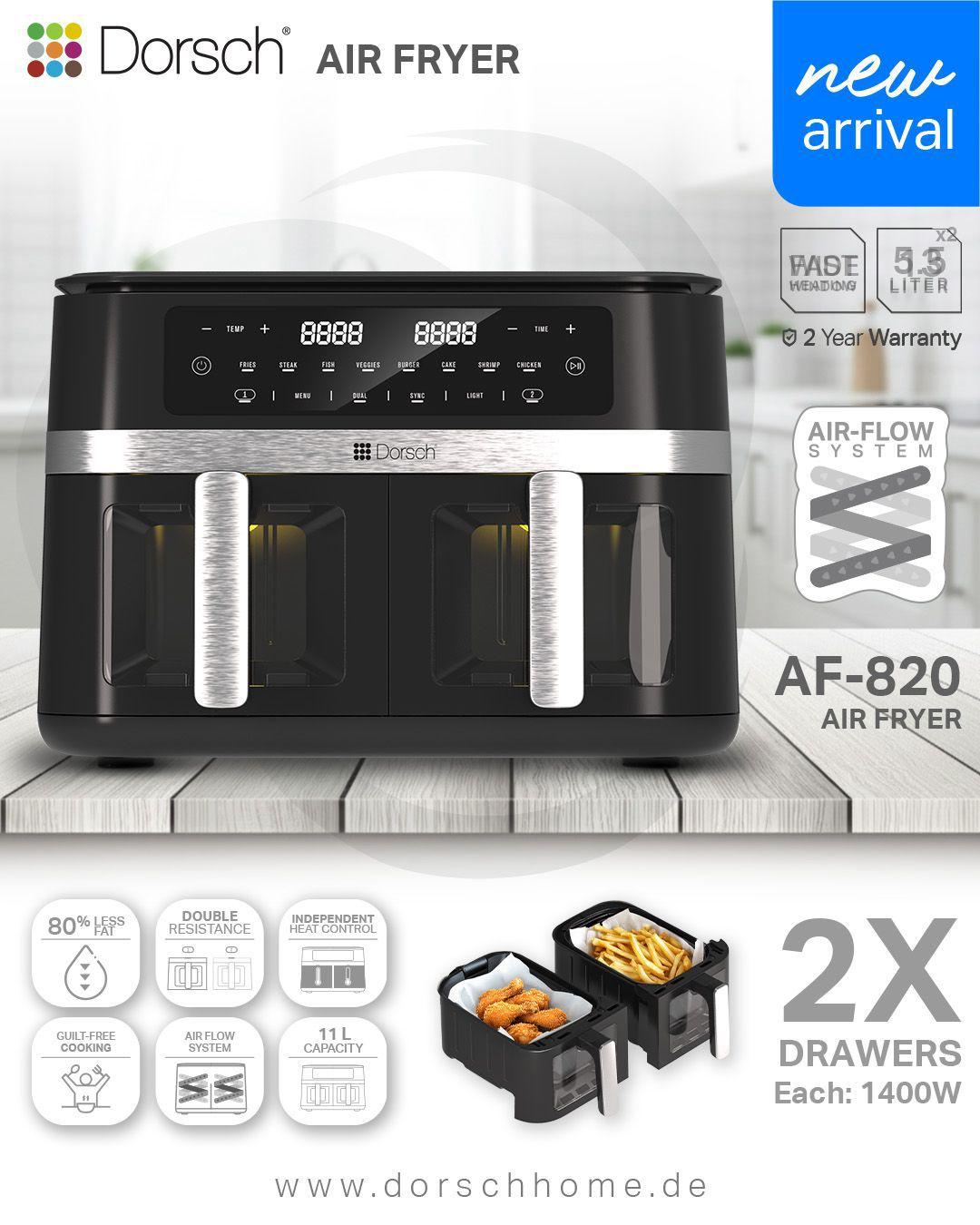 Dorsch Dual Air Fryer – 2950W | 8 Programs | 5.5L × 2
