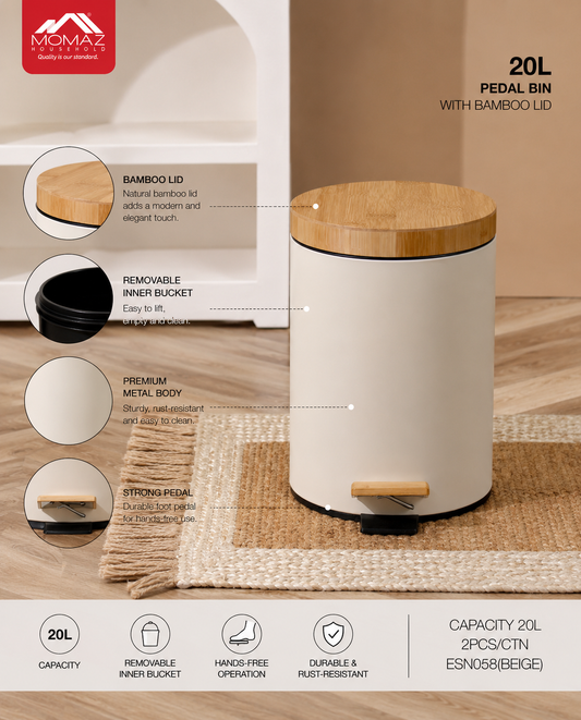 Momaz Bamboo Lid Pedal Bin – 5L